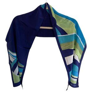 Vintage Anne Klein Silk Scarf Blue Green Geometric Stripes